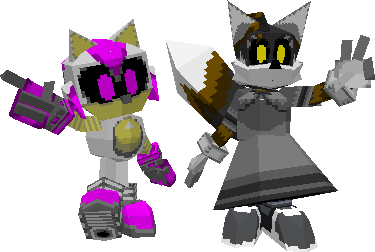(1. Black-colored tails, with a tophat.) (2. Silver-colored sonic, with a bubble helmet.)